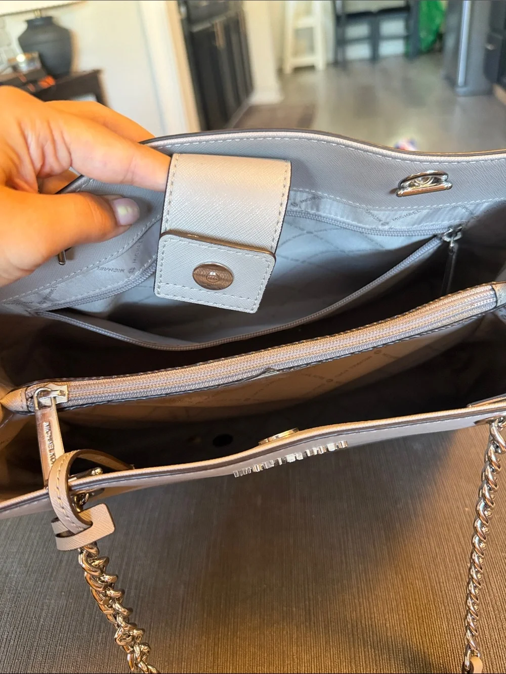 Michael Kors Chain-Handle Saffiano Tote in Light Gray